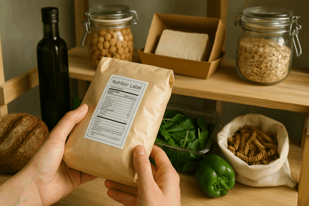 The Ultimate Guide to Finding the Best Vegan Food Products and Plant-Based Essentials for a Healthier Lifestyle 2 Close-up of hands examining a nutrition label on plant-based packaging, surrounded by vegan food products on wooden shelves.