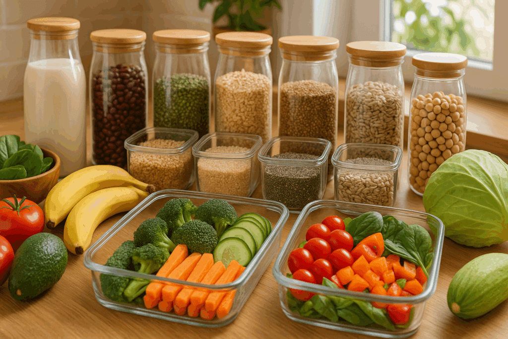 The Ultimate Guide to Finding the Best Vegan Food Products and Plant-Based Essentials for a Healthier Lifestyle 3 Glass containers of vegan food products like grains, seeds, plant-based milk, and fresh vegetables organized on a bright kitchen counter.