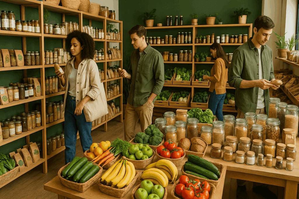 The Ultimate Guide to Finding the Best Vegan Food Products and Plant-Based Essentials for a Healthier Lifestyle 4 Shoppers browsing fresh produce and artisanal vegan food products in a bright, eco-friendly grocery store.