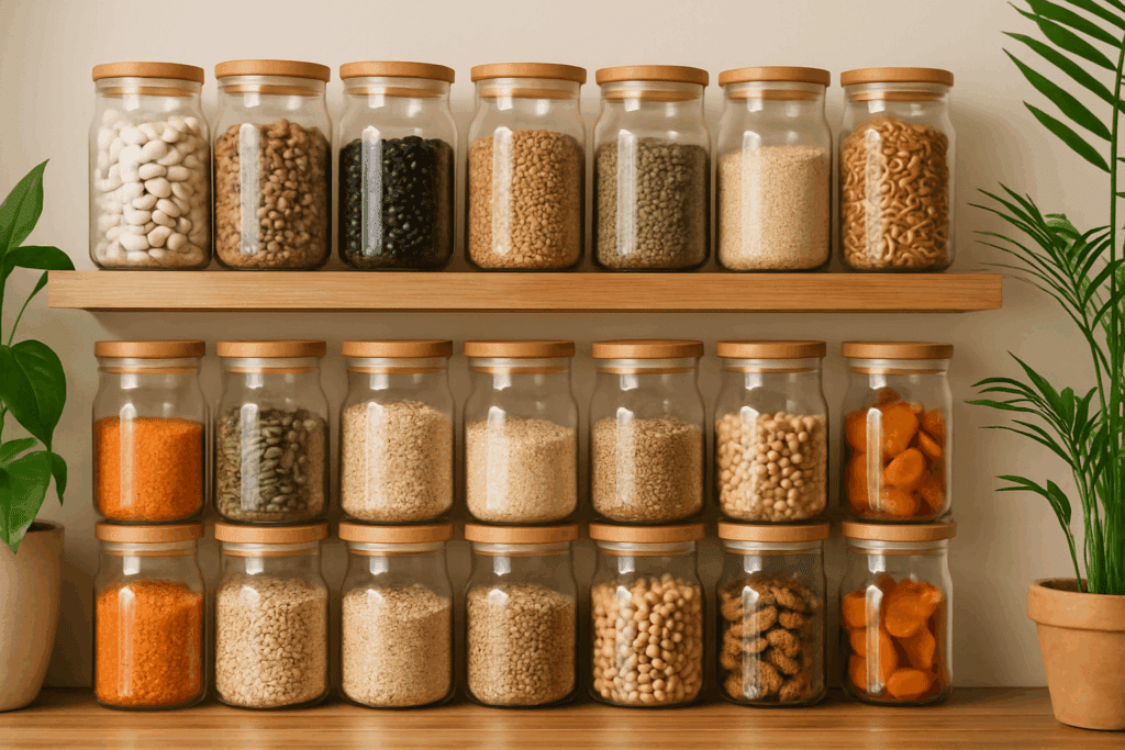 The Ultimate Guide to Finding the Best Vegan Food Products and Plant-Based Essentials for a Healthier Lifestyle 6 Glass jars filled with vegan food products like grains, legumes, seeds, and dried fruits on wooden pantry shelves with indoor plants.
