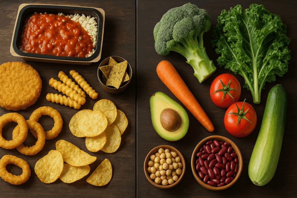 The Ultimate Guide to Finding the Best Vegan Food Products and Plant-Based Essentials for a Healthier Lifestyle 7 Contrast between processed vegan food products like frozen meals and chips, and healthy whole-food vegan items like fresh vegetables and beans.