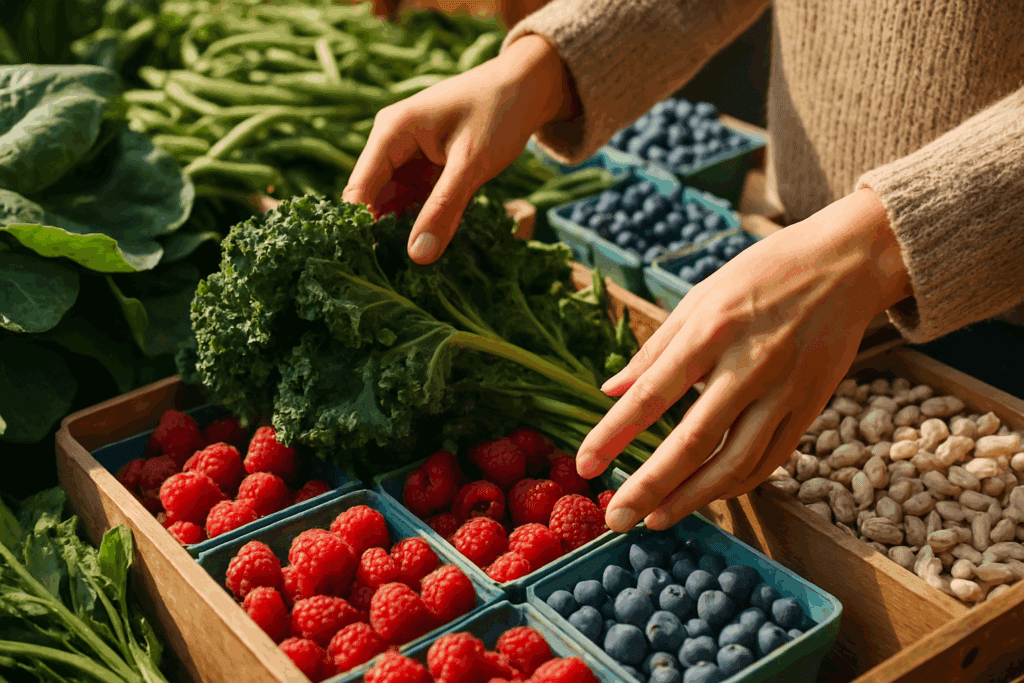 The Ultimate Guide to Finding the Best Vegan Food Products and Plant-Based Essentials for a Healthier Lifestyle 1 Hands selecting fresh kale, raspberries, and legumes at a farmers' market, showcasing organic vegan food products in natural light