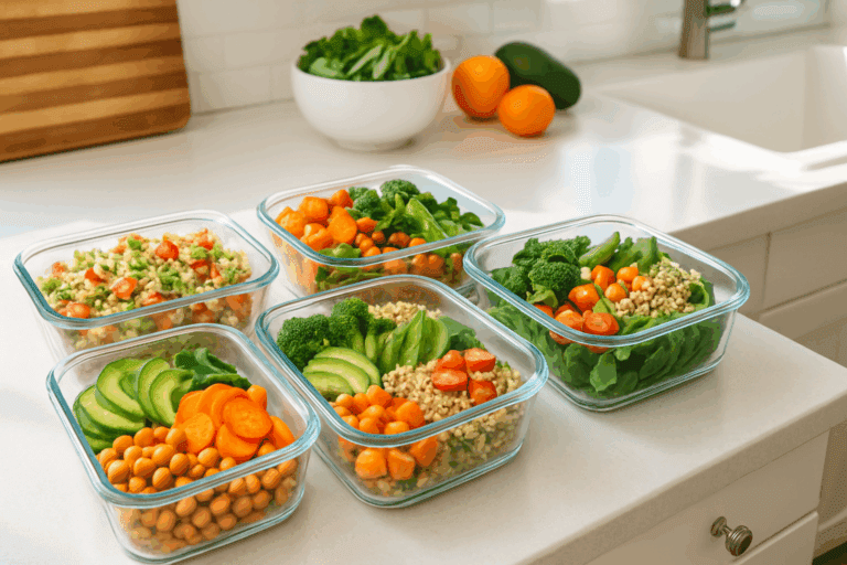 Colorful vegan meal prep for weight loss with quinoa salads, roasted vegetables, chickpeas, and fresh greens on a bright kitchen counter.