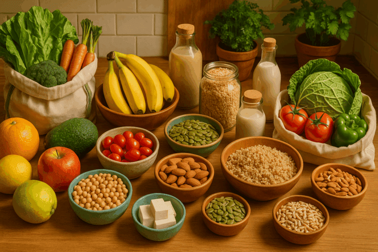 Vegetarian grocery shopping list with fresh produce, grains, legumes, and plant-based items arranged on a kitchen counter in reusable containers.