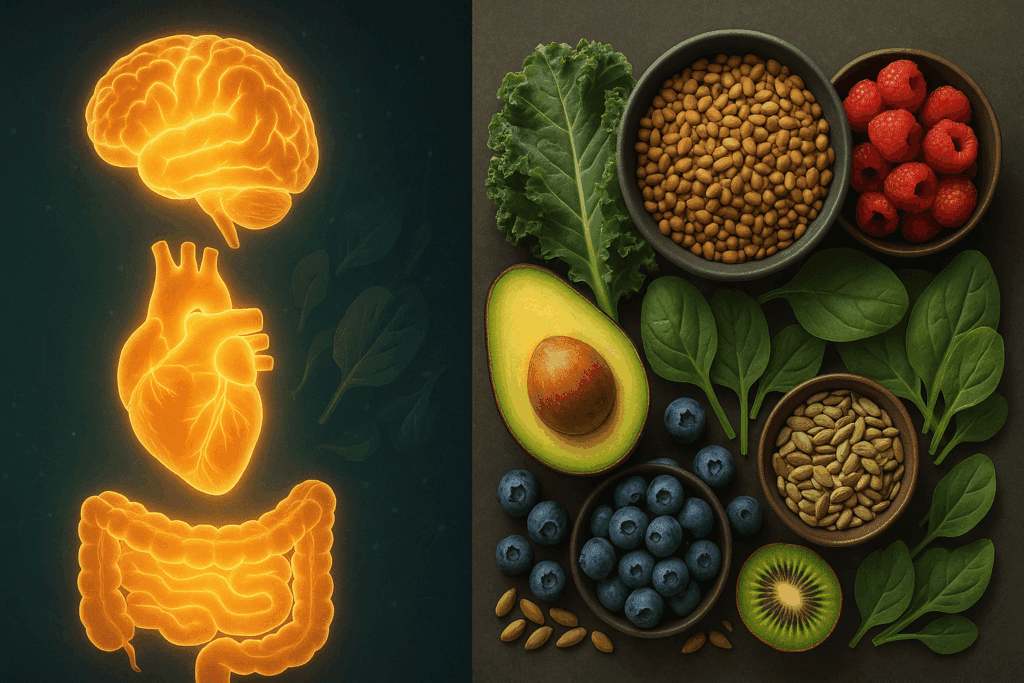 Split-screen illustration showing glowing human organs alongside colorful fruits, vegetables, and legumes from a vegetarian grocery shopping list.