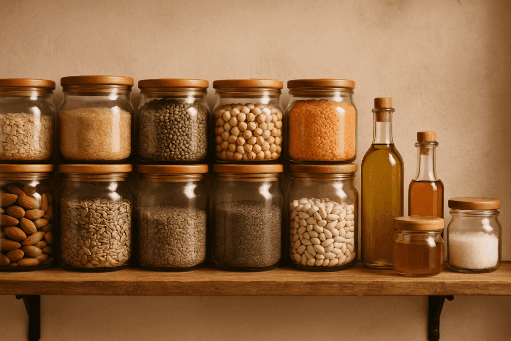Neatly organized vegetarian grocery shopping list pantry with glass jars of whole grains, beans, lentils, nuts, seeds, and oils on a rustic shelf.