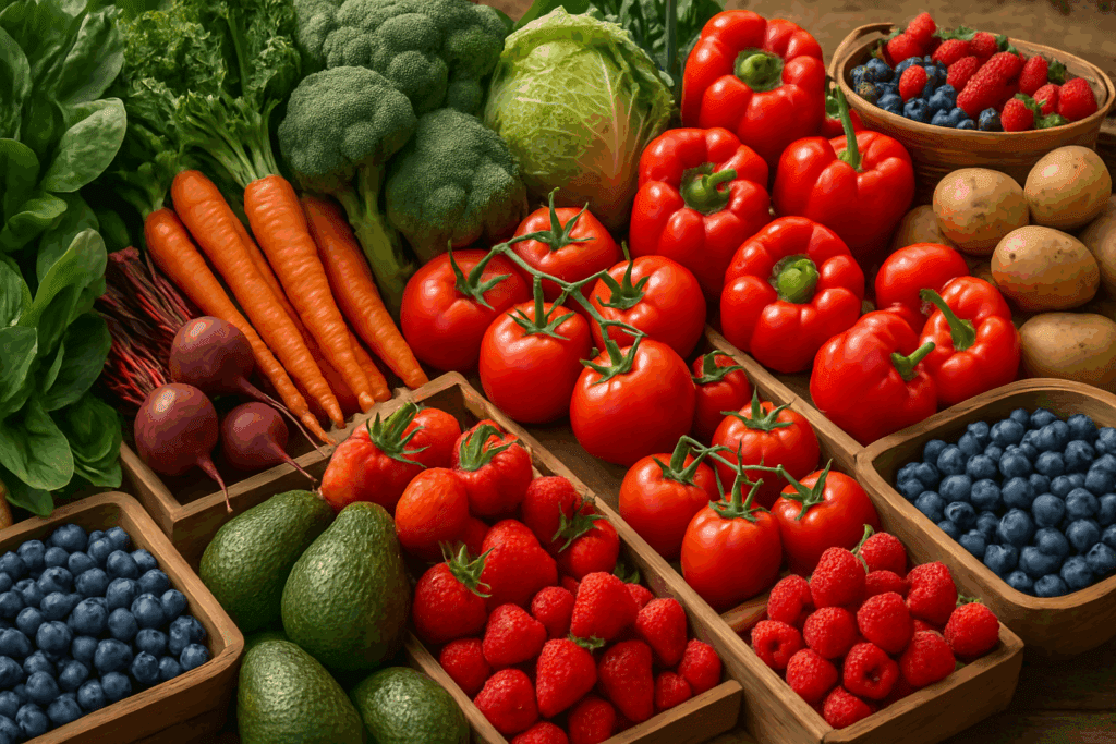 Farmers market stall overflowing with fresh fruits and vegetables like leafy greens, tomatoes, berries, and avocados—ideal for a vegetarian grocery shopping list.