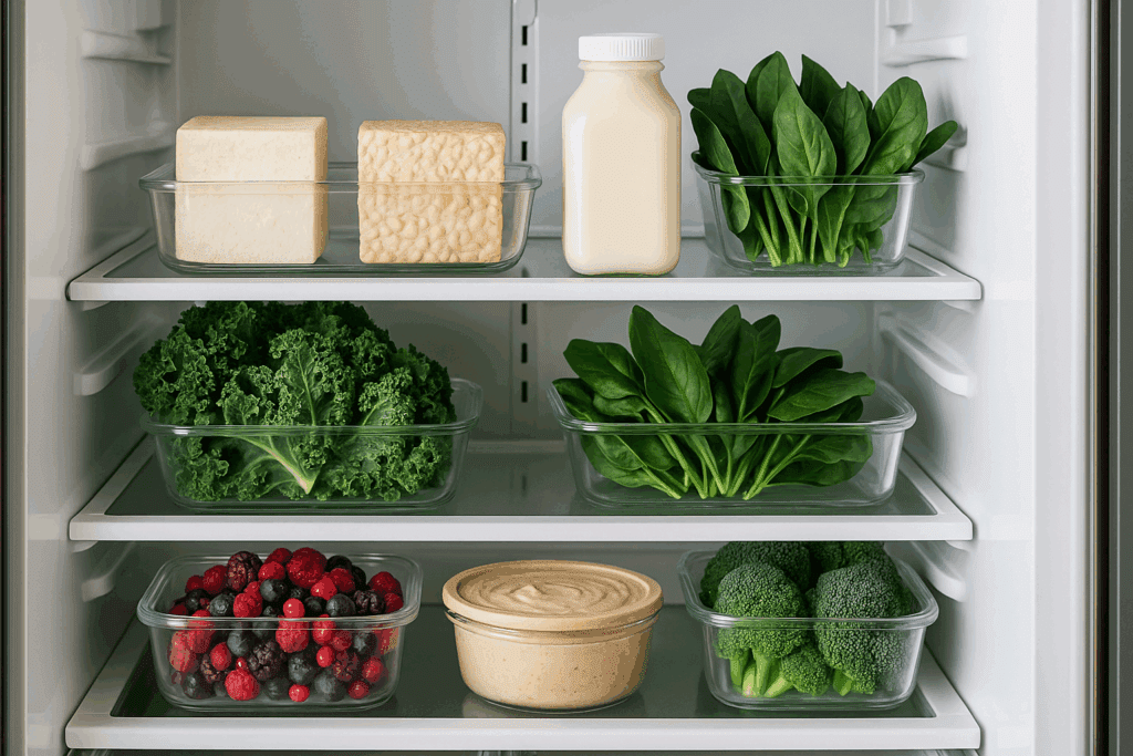 Modern open refrigerator stocked with tofu, tempeh, non-dairy milk, leafy greens, frozen berries, and hummus in glass containers—an organized and fresh snapshot of a vegetarian grocery shopping list.