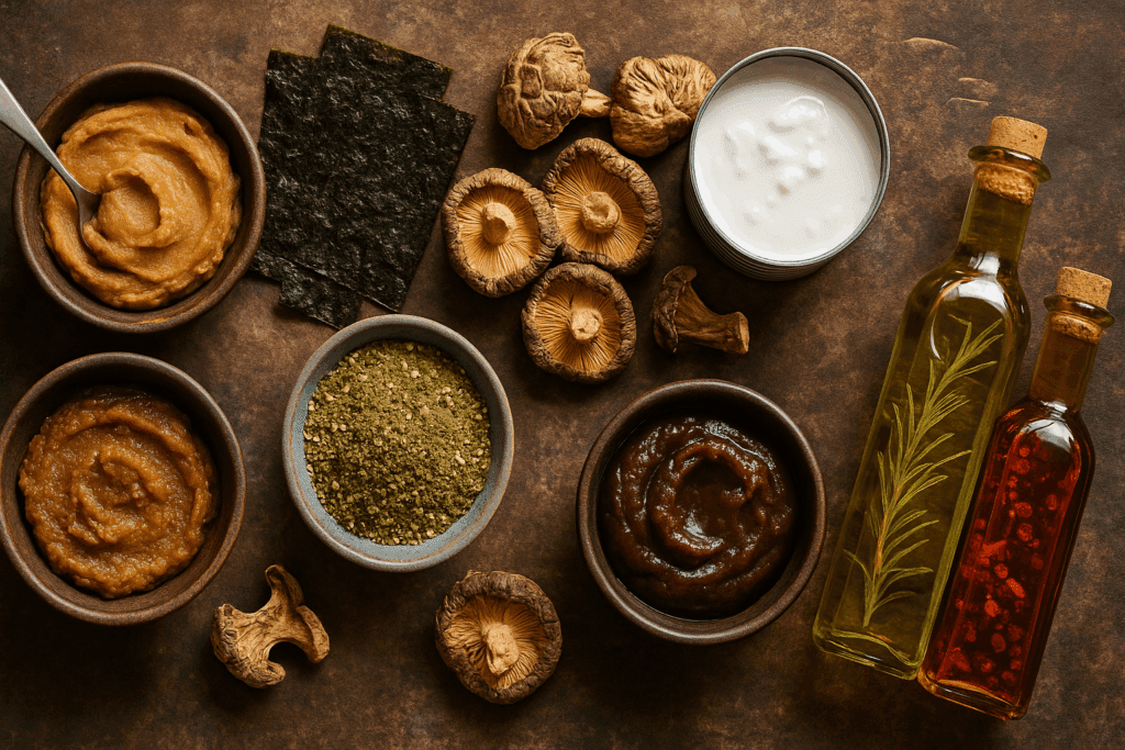 Flat-lay of global ingredients like miso, seaweed, and tamarind paste featured in a vegetarian grocery shopping list for culinary exploration.