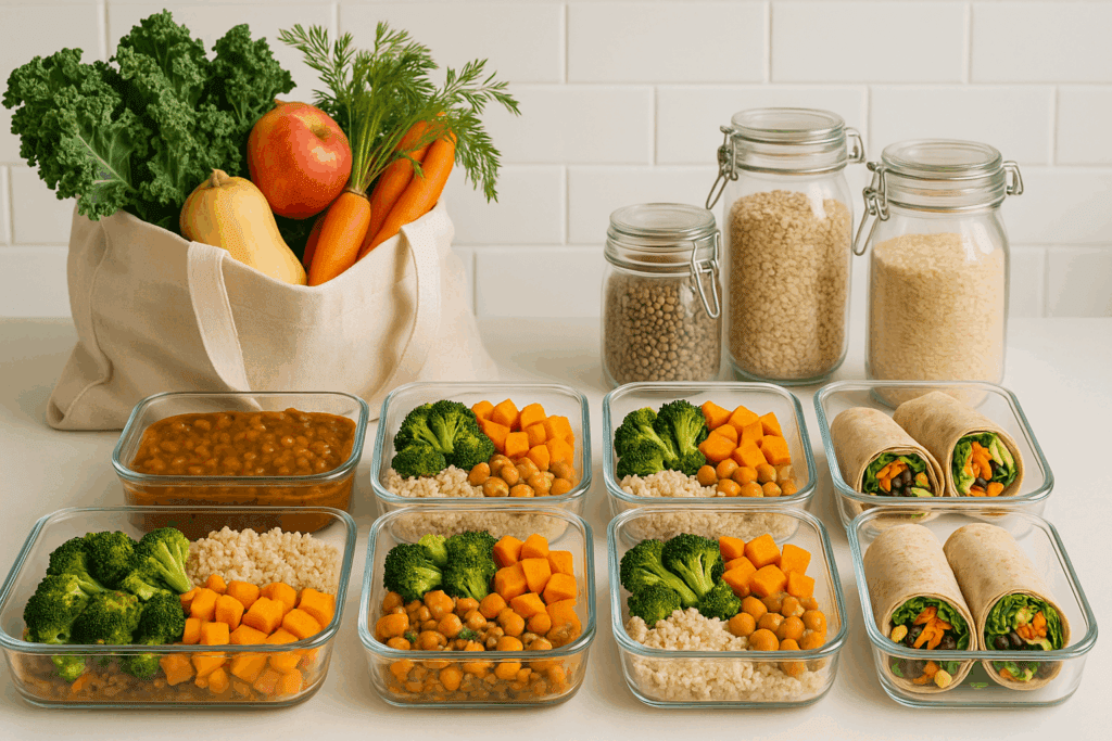 Weekly vegetarian grocery shopping list meal prep with glass containers of quinoa bowls, lentil stew, veggie wraps, and fresh seasonal produce.