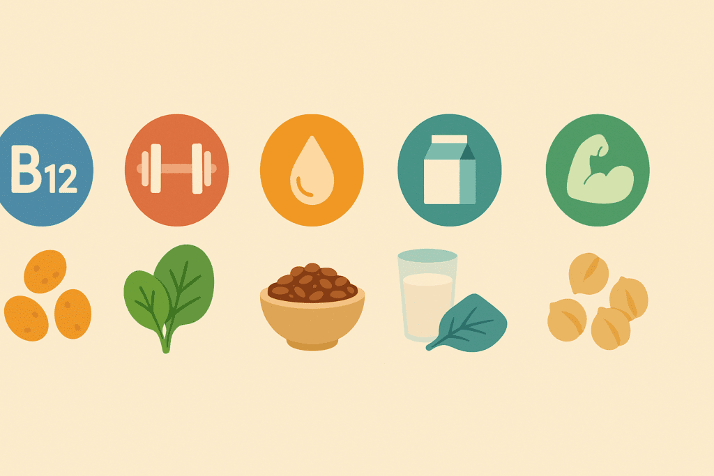 Flat-design infographic comparing essential nutrients for vegetarians and their plant-based sources, ideal for a vegetarian grocery shopping list.