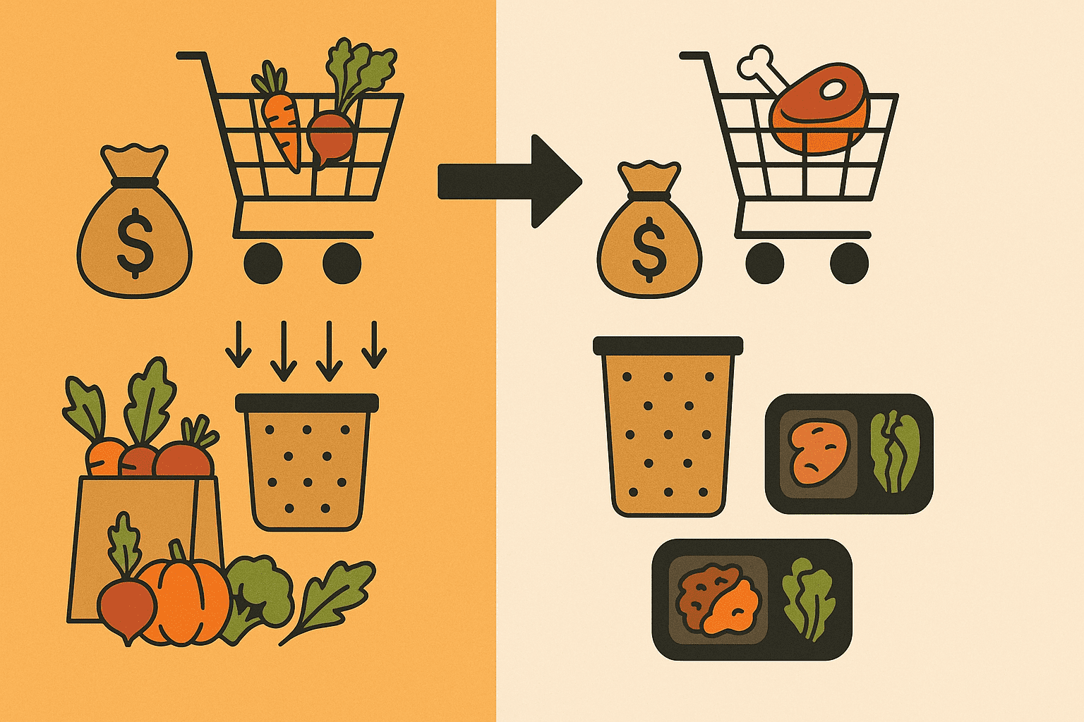 Infographic comparing weekly costs of a vegetarian meal planner versus meat-based diets, showing savings, reduced waste, and nutritious food icons like produce, shopping carts, and meal prep containers
