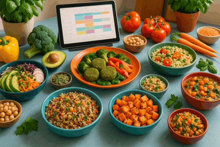 Colorful vegetarian meals arranged on a modern kitchen table with fresh produce, whole grains, and a digital tablet displaying a vegetarian meal planner.
