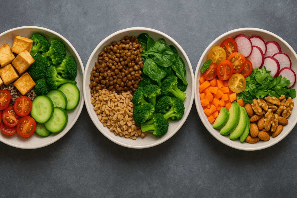 Three nutrient-rich vegetarian plates tailored by a vegetarian meal planner: high-protein tofu and quinoa, fiber-packed lentils and whole grains, and heart-healthy avocado with nuts.