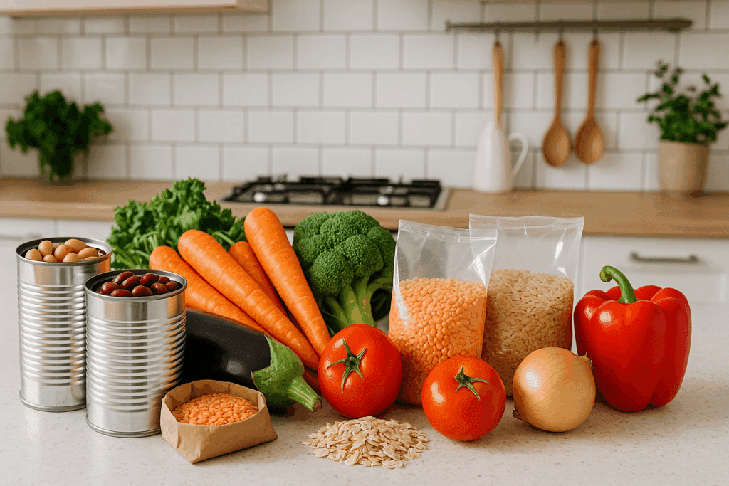 Budget-friendly ingredients displayed on a kitchen counter for a vegetarian meal planner, including canned beans, lentils, fresh vegetables, oats, and brown rice.