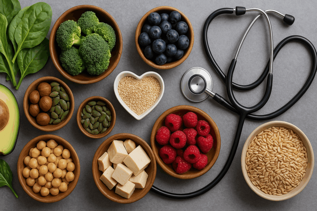Flat-lay of ingredients featured in a vegetarian meal planner, including leafy greens, tofu, legumes, berries, seeds, and whole grains with a stethoscope and heart dish symbolizing health.