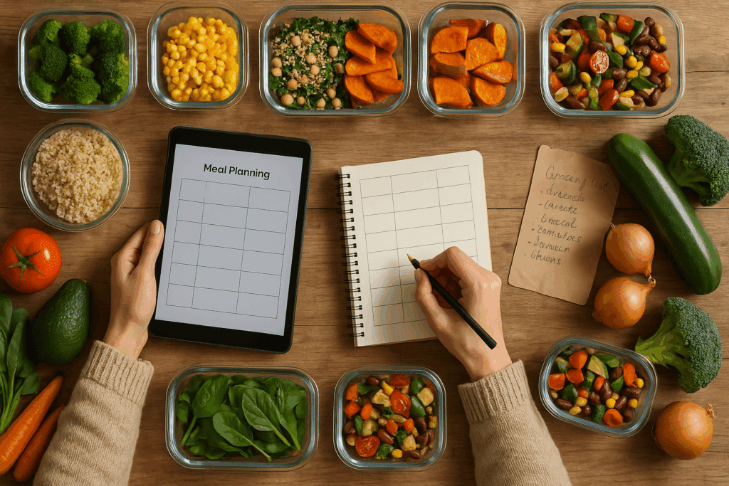 Person using a vegetarian meal planner with a tablet and notebook, surrounded by glass containers of prepped vegetables and grains on a wooden table.