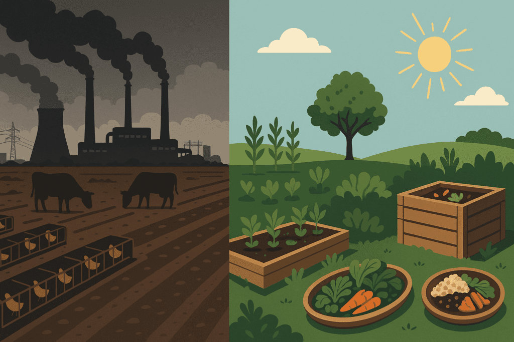 Split landscape showing industrial farming and pollution on one side, and sustainable gardening with plant-based meals from a vegetarian meal planner on the other.