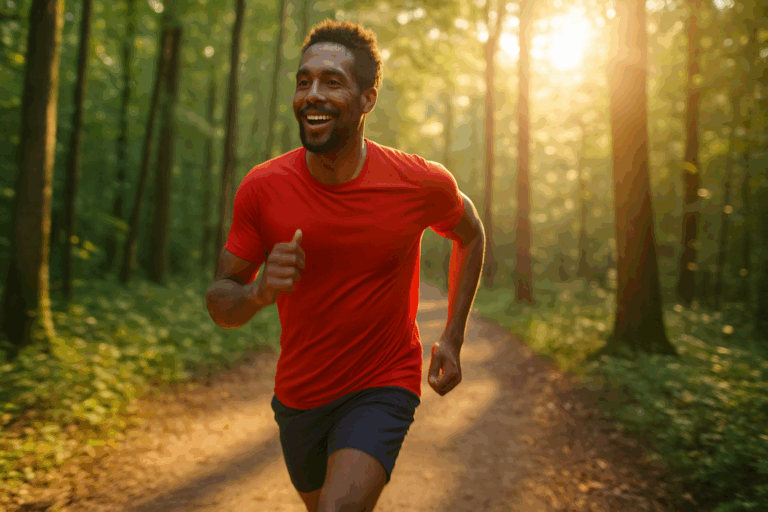 Man jogging on a sunlit forest trail, illustrating how exercise improves blood flow and supports cardiovascular health.