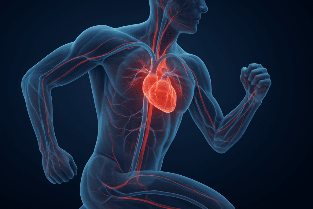 Boost Circulation Naturally: How Exercise Improves Blood Flow and Supports Cardiovascular Health 1 Anatomical illustration of a runner’s transparent body showing veins, arteries, and heart to visualize how exercise improves blood flow