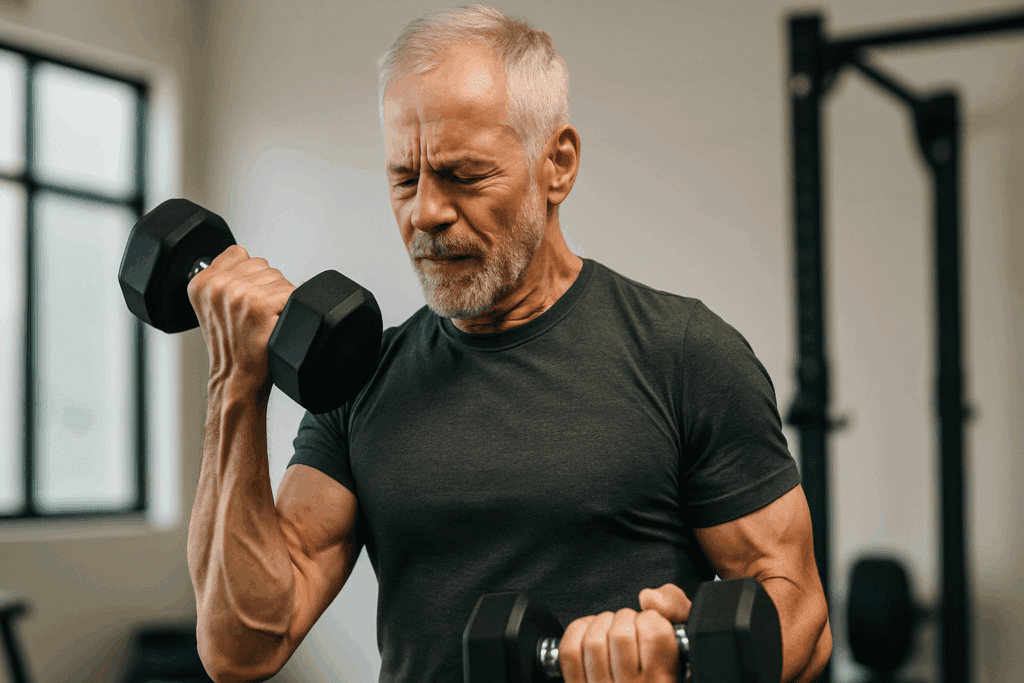 Boost Circulation Naturally: How Exercise Improves Blood Flow and Supports Cardiovascular Health 3 Older man lifting dumbbells in a gym, highlighting muscular effort and visible veins, illustrating how exercise improves blood flow.