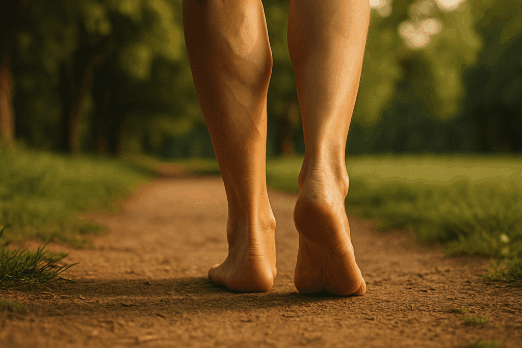 Boost Circulation Naturally: How Exercise Improves Blood Flow and Supports Cardiovascular Health 6 Bare feet walking on a sunlit park trail, illustrating how exercise improves blood flow through enhanced circulation in the lower legs.