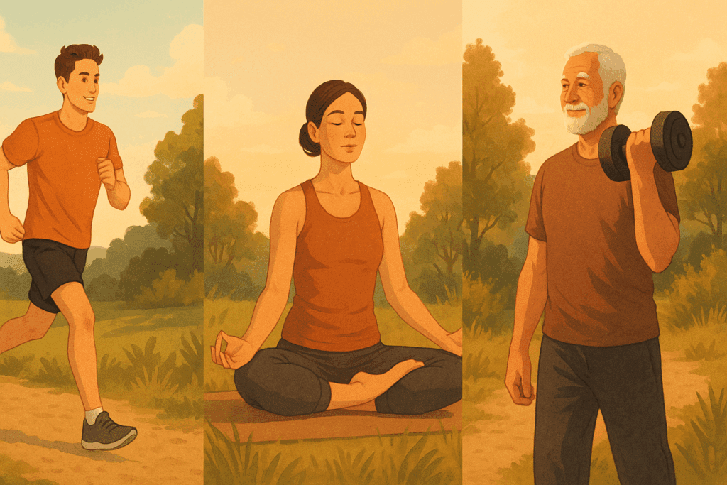 Boost Circulation Naturally: How Exercise Improves Blood Flow and Supports Cardiovascular Health 7 Young adult running, woman doing yoga, and senior lifting weights outdoors, illustrating how exercise improves blood flow across all ages.