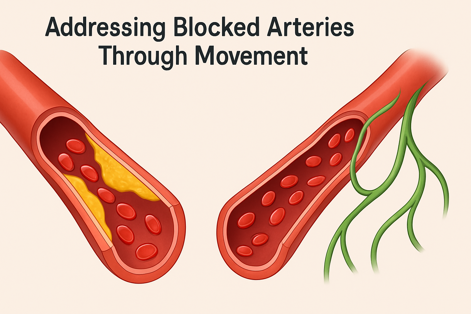 Boost Circulation Naturally: How Exercise Improves Blood Flow and Supports Cardiovascular Health 5 Medical diagram showing how exercise improves blood flow by comparing a plaque-blocked artery with another supported by collateral vessels.