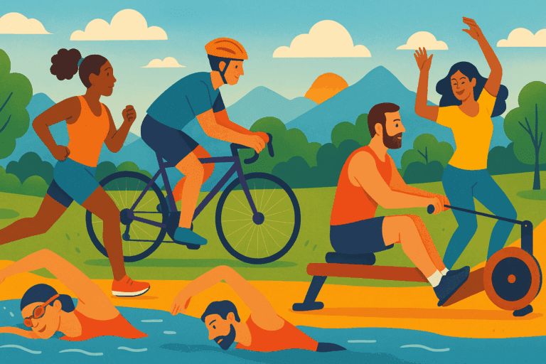 Diverse group of people running, swimming, cycling, rowing, and dancing outdoors, visually answering what does cardiovascular exercise mean