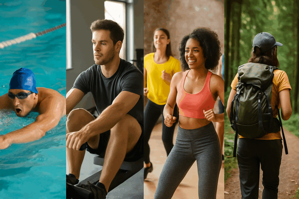 Boost Endurance and Heart Health Naturally: What Does Cardiovascular Exercise Mean and Why It Matters for Peak Performance 2 People doing swimming, rowing, Zumba, and hiking to visually explain what does cardiovascular exercise mean through diverse workout styles.