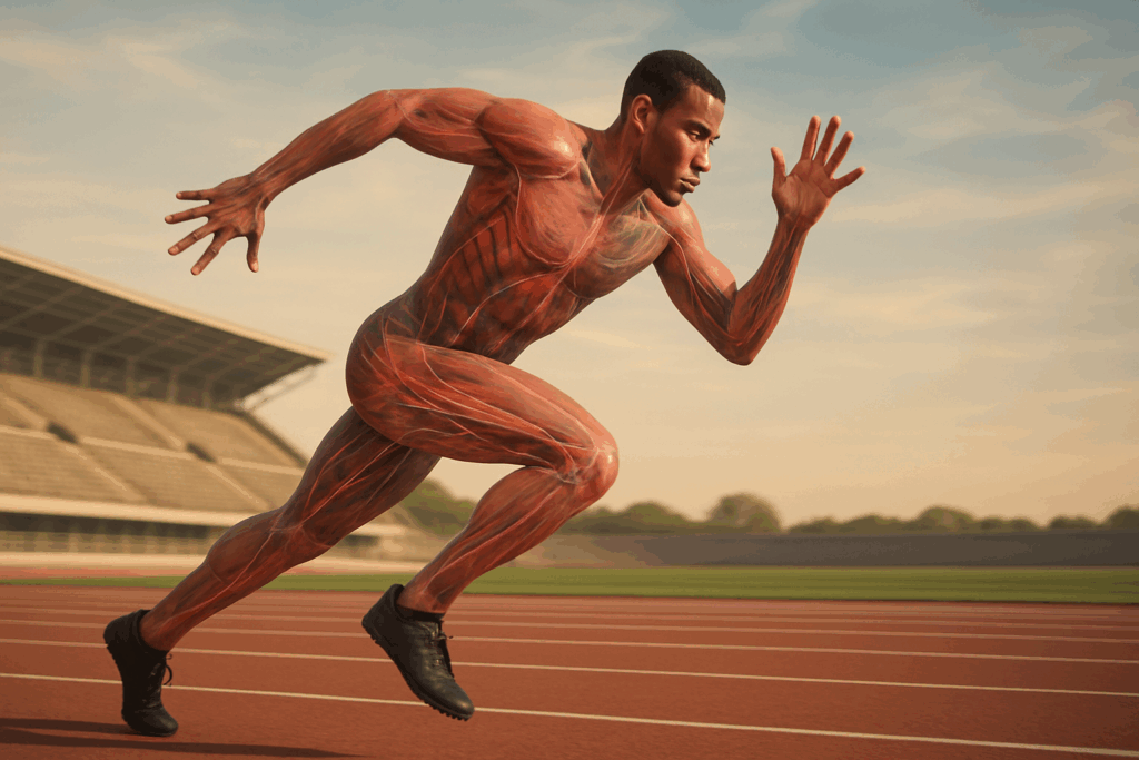 Boost Endurance and Heart Health Naturally: What Does Cardiovascular Exercise Mean and Why It Matters for Peak Performance 3 Sprinter on track with visible muscles and veins demonstrating what does cardiovascular exercise mean through high-intensity training.