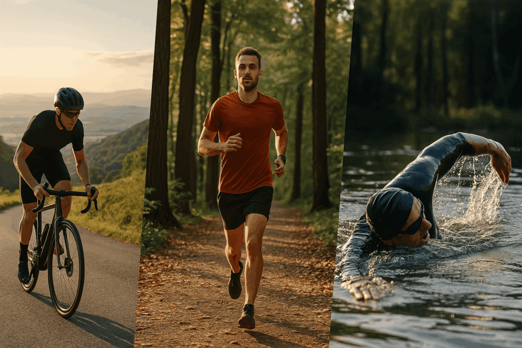 Boost Endurance and Heart Health Naturally: What Does Cardiovascular Exercise Mean and Why It Matters for Peak Performance 4 Solo cyclist, forest jogger, and open-water swimmer in motion outdoors, illustrating what does cardiovascular exercise mean through endurance training.