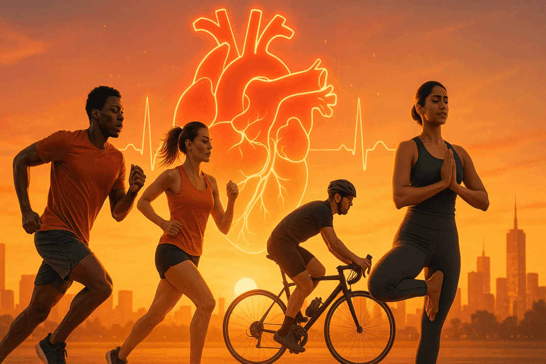 Diverse group of athletes exercising at sunset with glowing heart graphic in skyline symbolizing healthy heart education