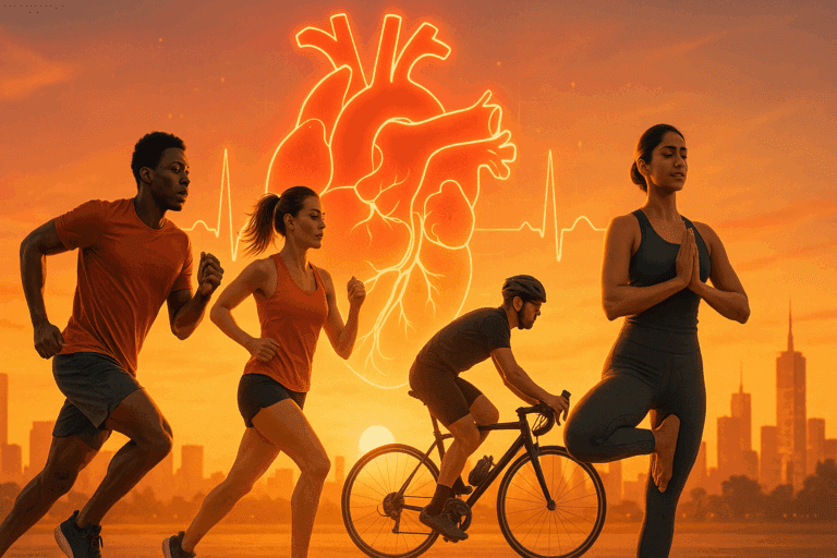 Diverse group of athletes exercising at sunset with glowing heart graphic in skyline symbolizing healthy heart education