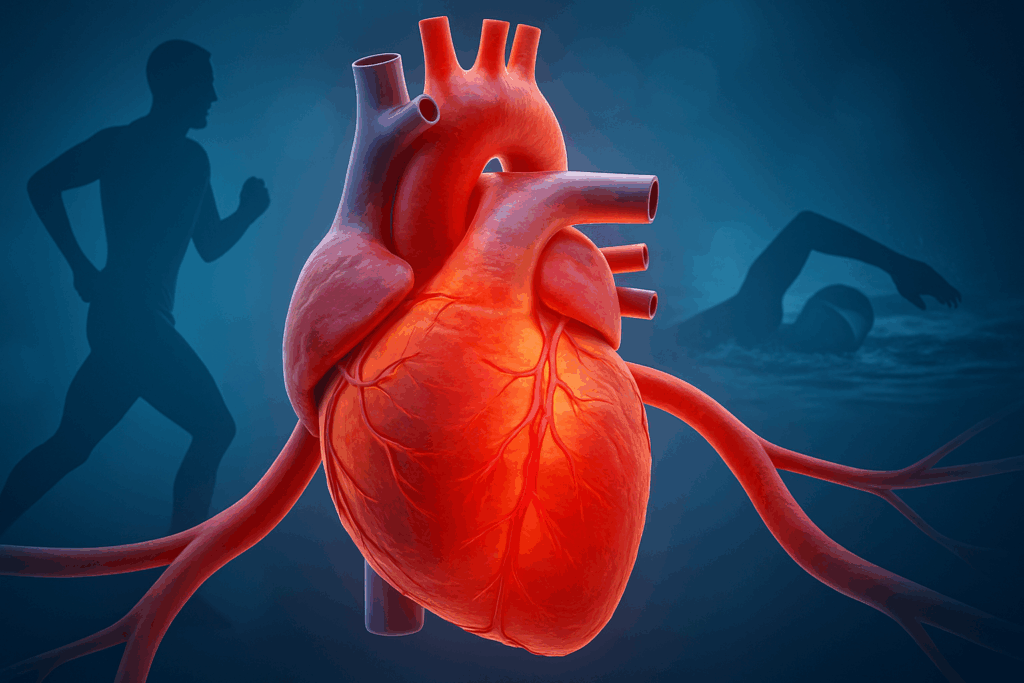 3D medical illustration of a human heart pumping blood with runner and swimmer silhouettes, promoting healthy heart education