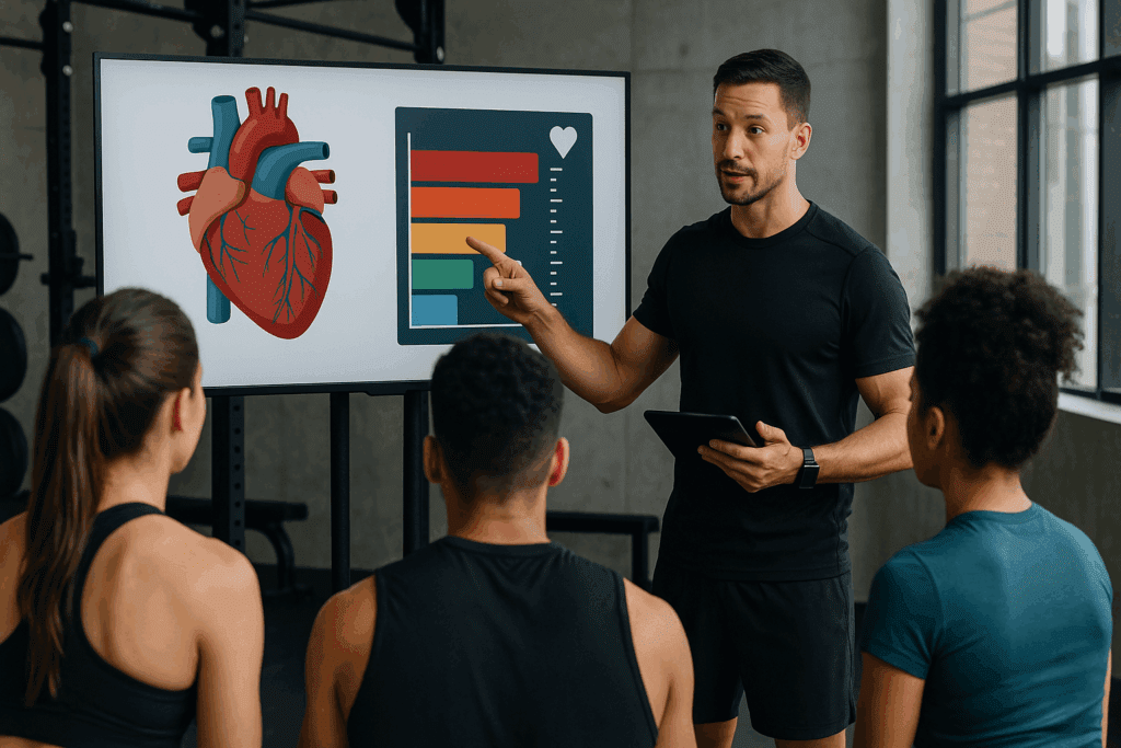 Coach presenting healthy heart education to athletes using heart rate zones and heart anatomy display in a gym setting