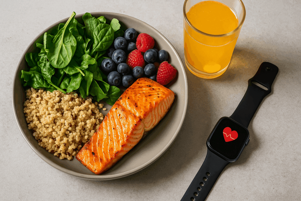 Grilled salmon with quinoa, leafy greens, berries, and electrolyte drink beside smartwatch promoting healthy heart education.
