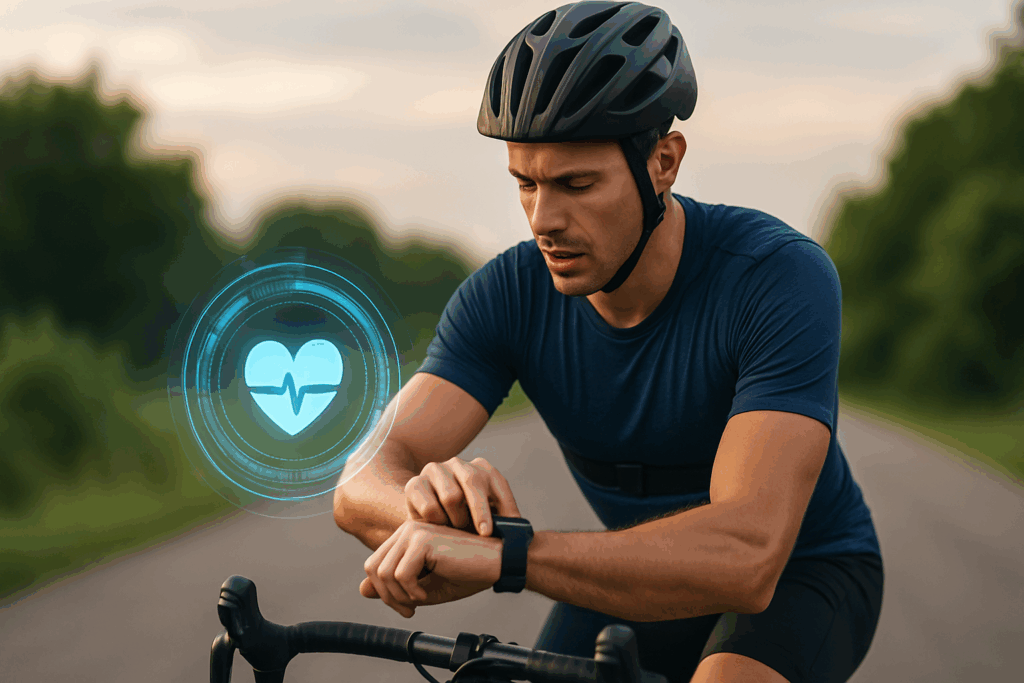 Cyclist checking smartwatch mid-ride with digital heart rate overlay, promoting healthy heart education through biofeedback.