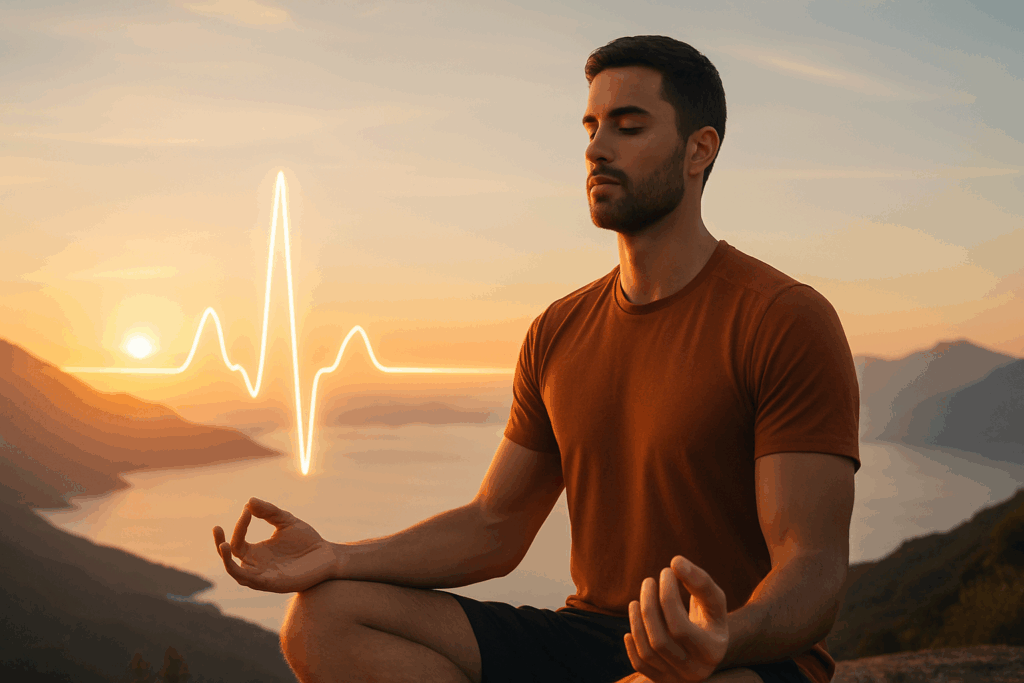Athlete meditating at sunrise on a mountain ridge with a glowing heart rhythm line, symbolizing healthy heart education through mindfulness and stress management.