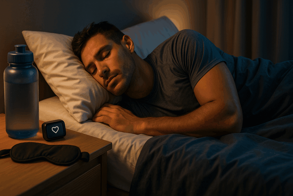 Athlete sleeping peacefully with heart rate monitor and water bottle nearby, symbolizing healthy heart education through recovery and rest.