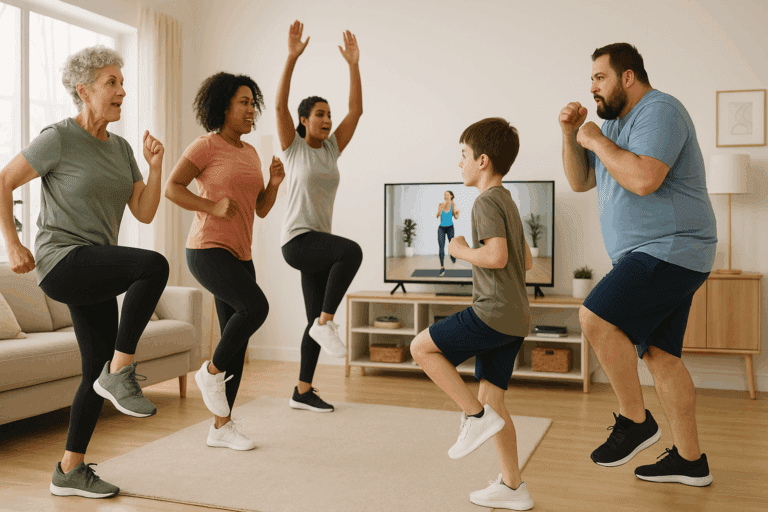 Diverse group of people doing high knees and jumping jacks in a bright living room while following free cardio workout videos on TV.