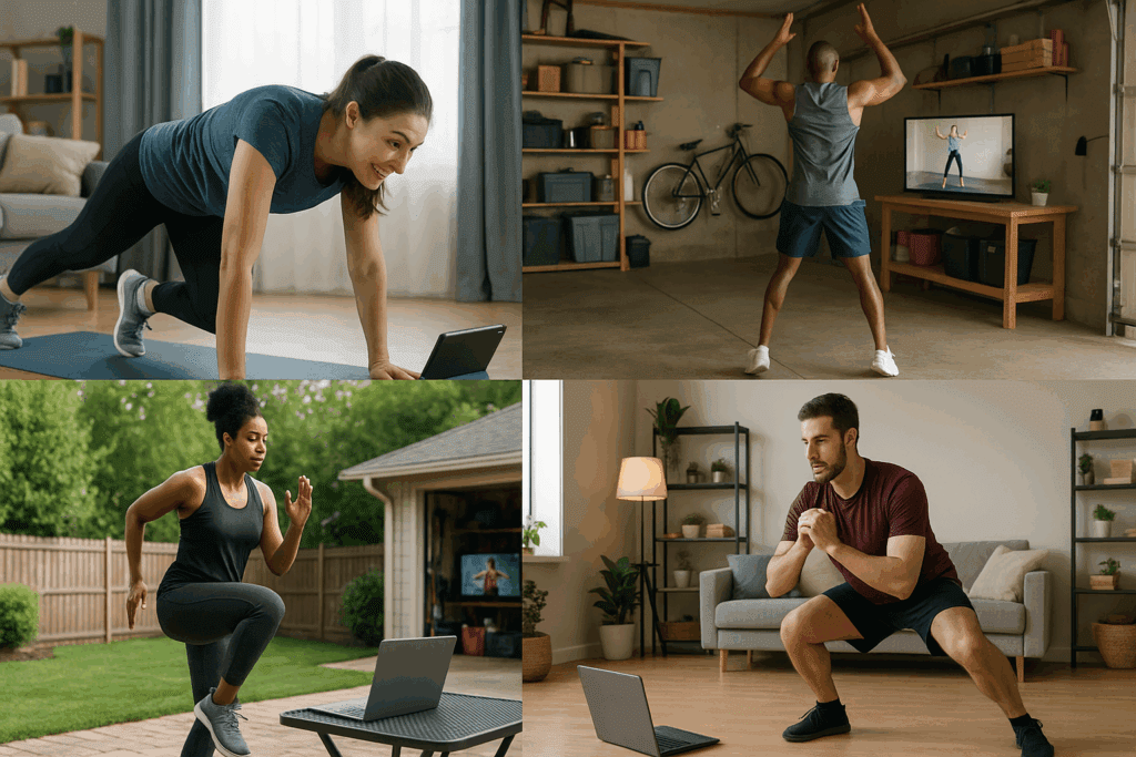Diverse people following free cardio workout videos on screens while exercising in home settings like garages, backyards, and living rooms.
