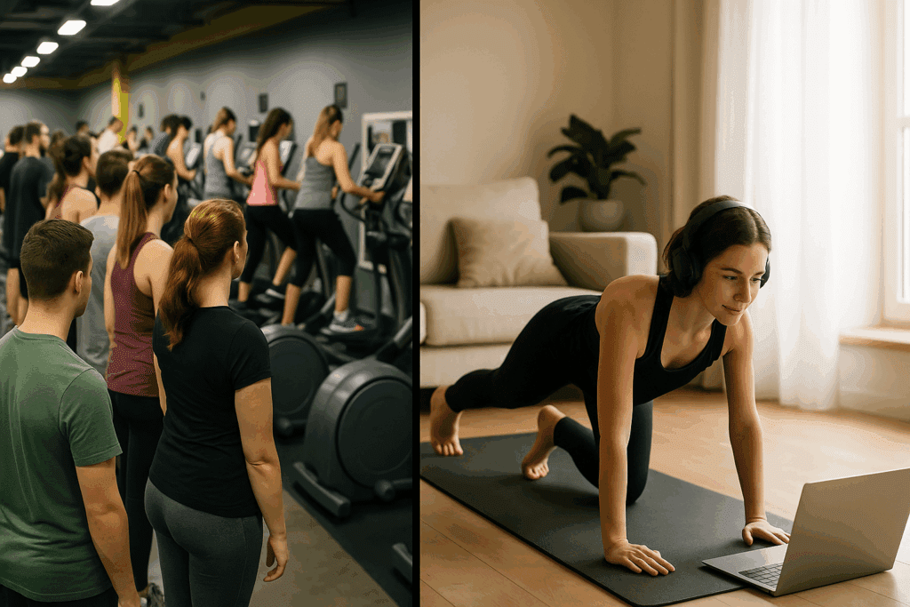 Split-screen showing crowded gym lines beside a peaceful home session from free cardio workout videos.