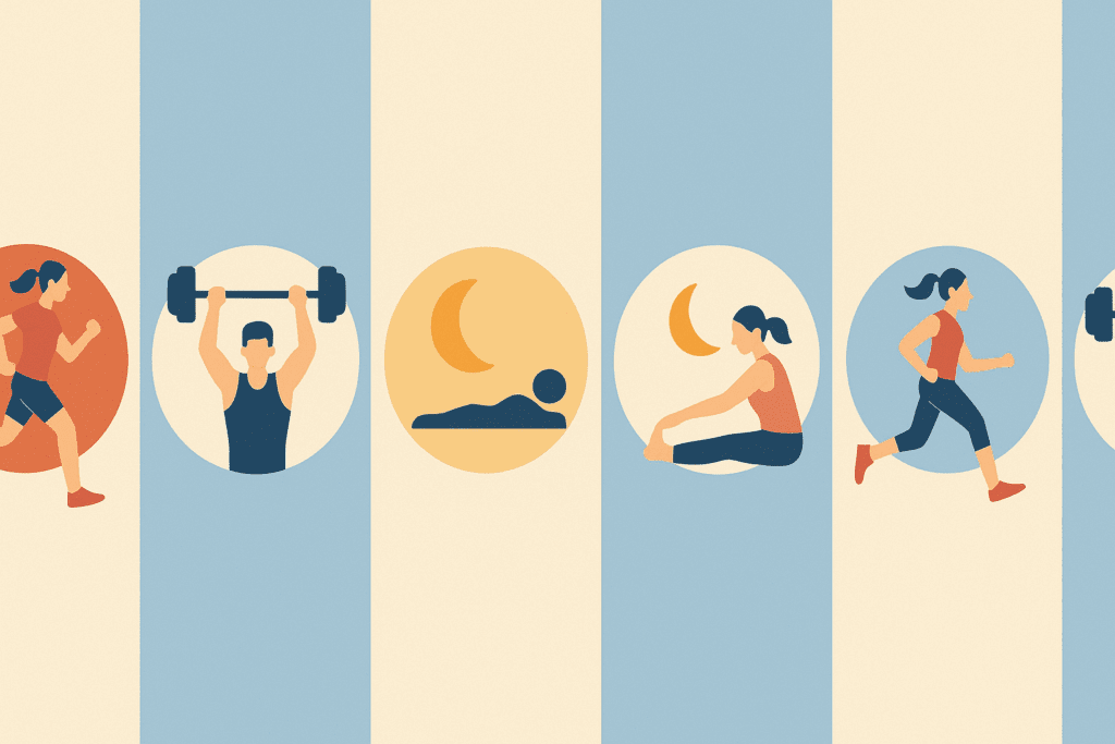 Weekly fitness planner illustration with icons for strength training, rest, stretching, and free cardio workout videos