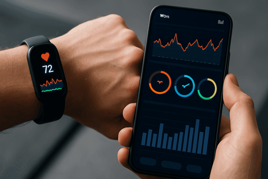 Fitness tracker displaying heart rate beside smartphone with workout stats dashboard, promoting free cardio workout videos