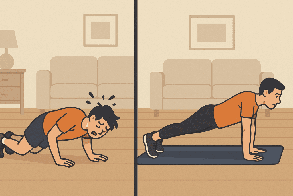 Side-by-side scene showing poor and proper push-up form at home, highlighting safe practices promoted in free cardio workout videos.