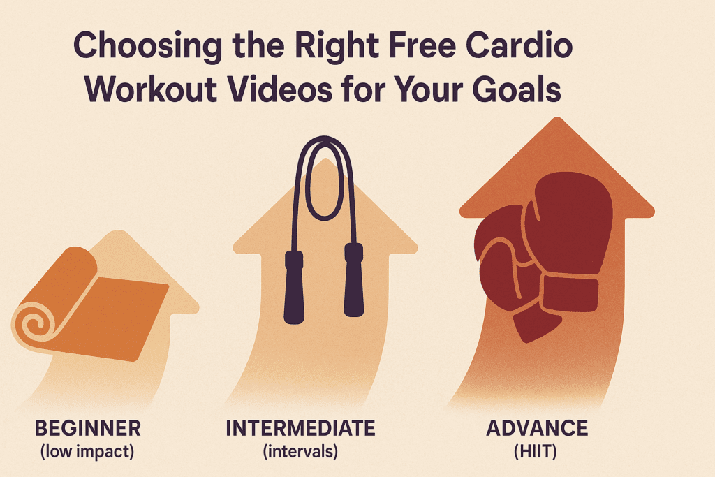 Infographic showing progression of free cardio workout videos with icons for beginner yoga mat, intermediate jump rope, and advanced boxing gloves
