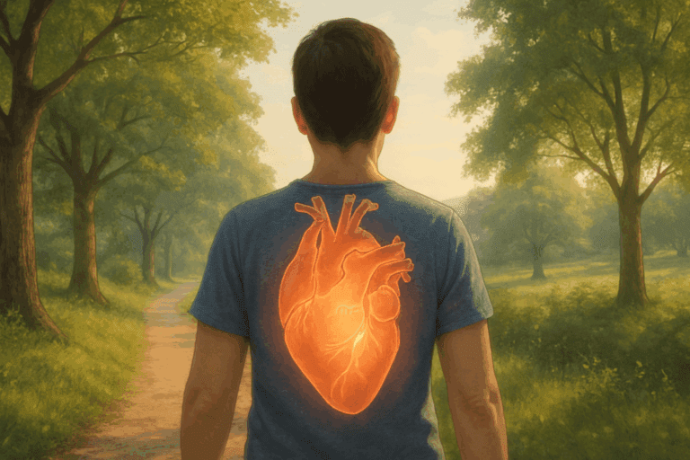 Person walking along a sunlit forest path with a glowing anatomical heart overlay, symbolizing how exercise can repair heart damage.