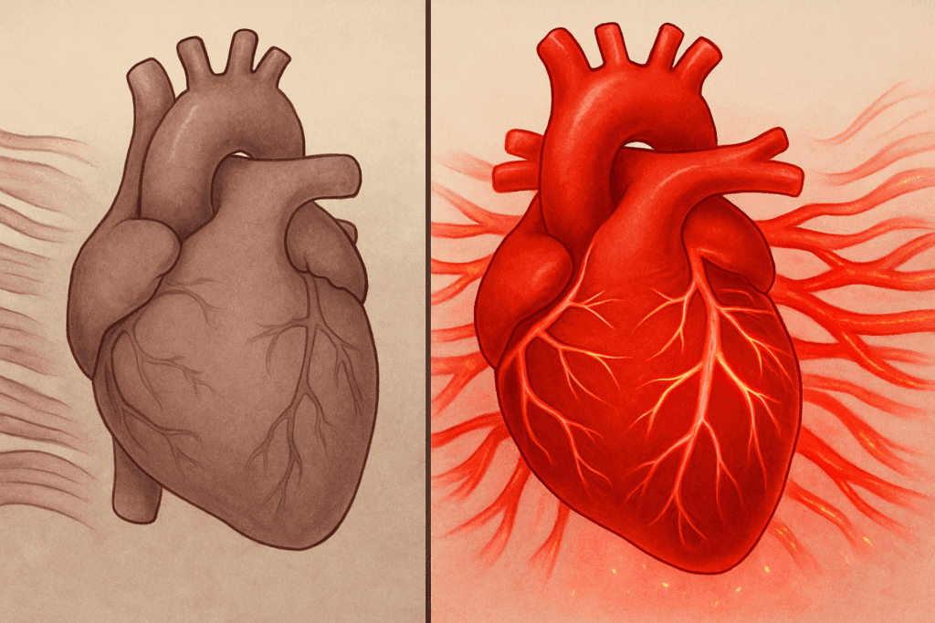 Split-screen illustration comparing a weak heart and a healthy one after aerobic training, answering the question: can exercise repair heart damage.