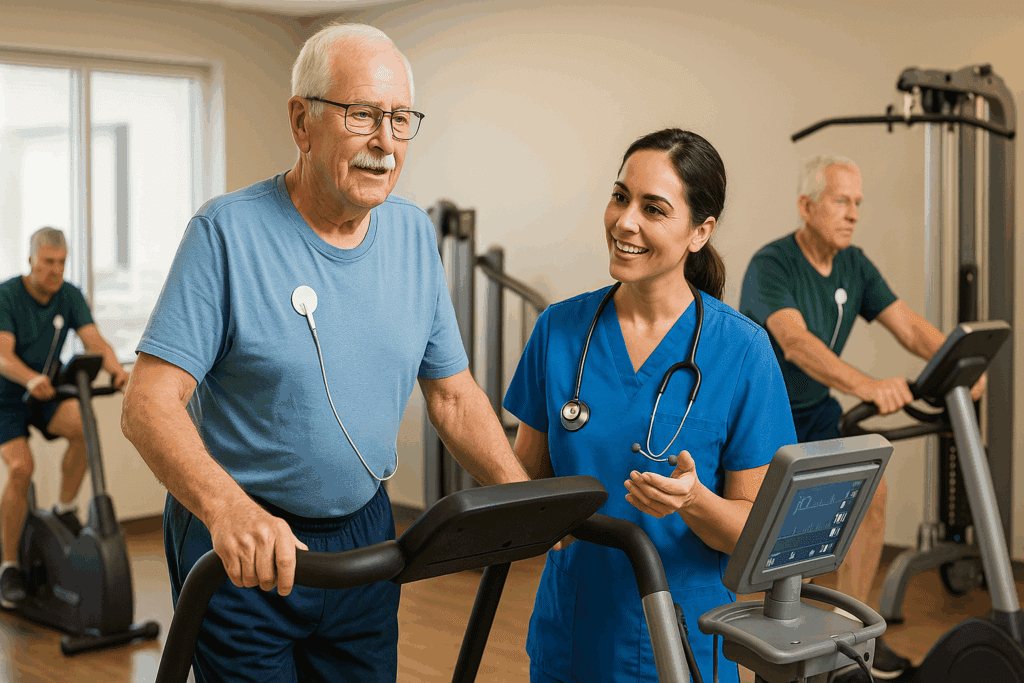 Older adult in cardiac rehab walking on a treadmill under medical supervision, illustrating how can exercise repair heart damage